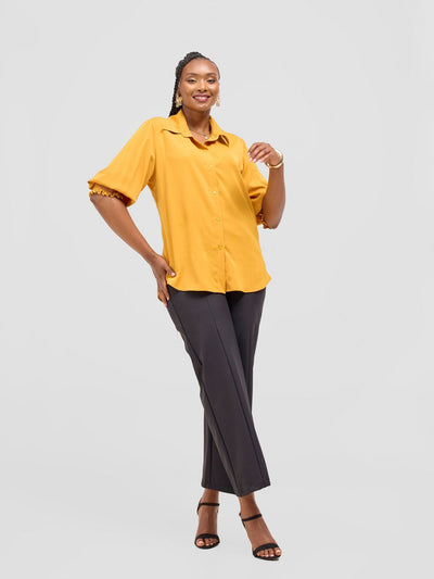 Vivo Fahari 3/4 Sleeve Shirred Shirt - Dark Mustard - Shopzetu