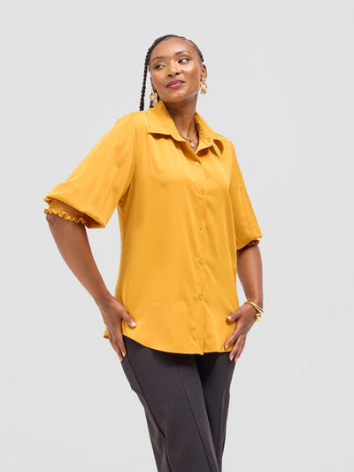 Vivo Fahari 3/4 Sleeve Shirred Shirt - Dark Mustard - Shopzetu