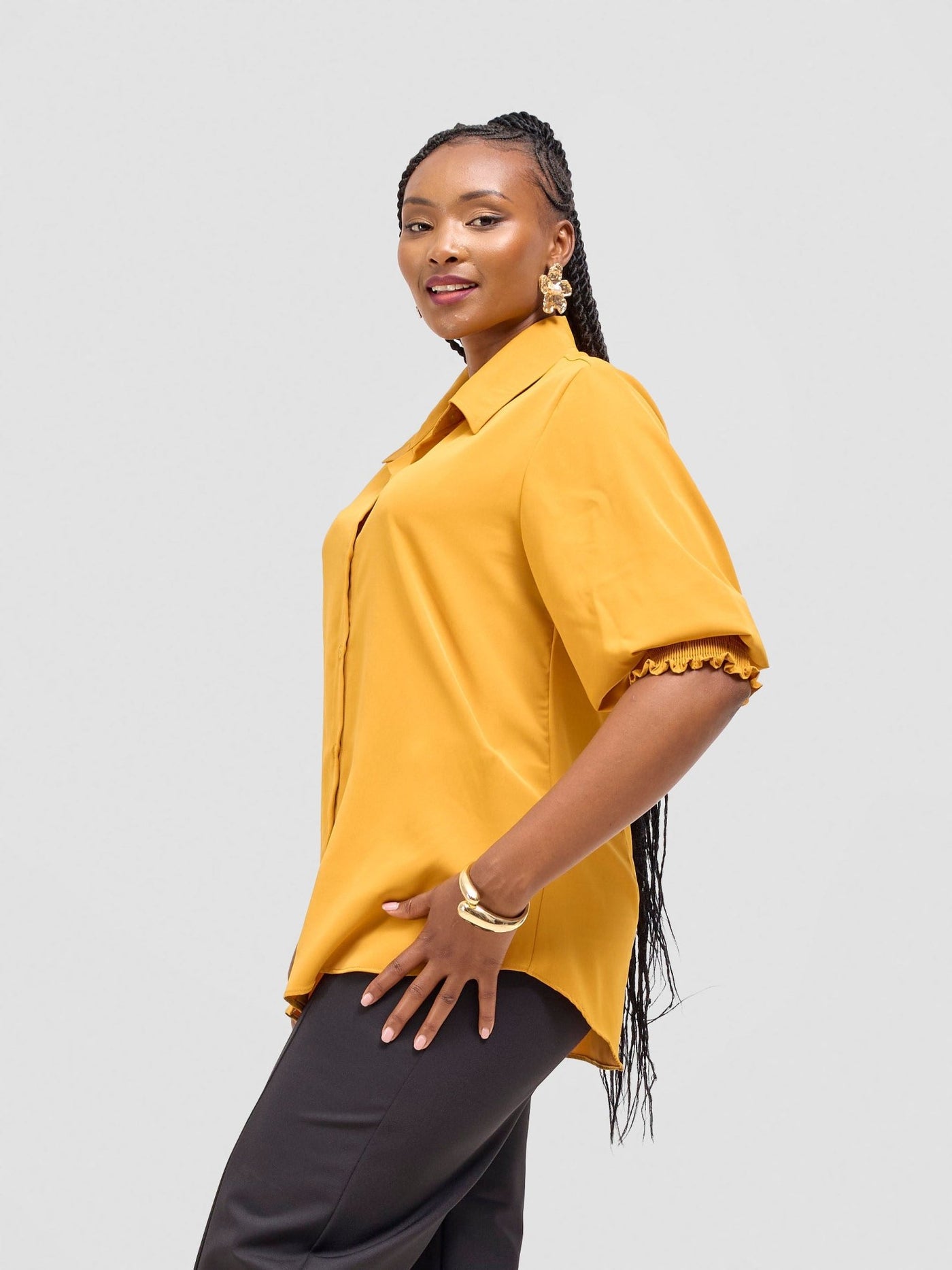 Vivo Fahari 3/4 Sleeve Shirred Shirt - Dark Mustard - Shopzetu