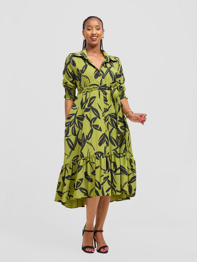 Vivo Serwa Flounce Dress - Lime / Black Kele Print - Shopzetu