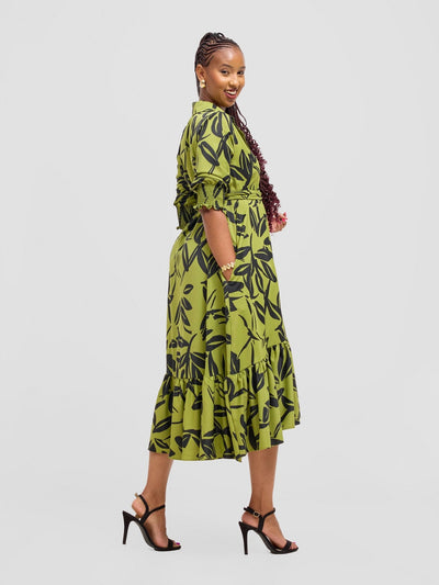 Vivo Serwa Flounce Dress - Lime / Black Kele Print - Shopzetu