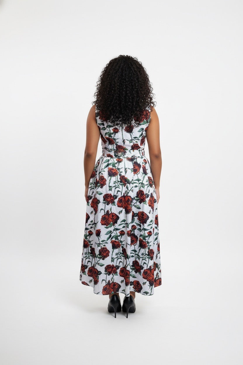 Stylish Sisters Floral Print Fit & Flare Dress- Red & White