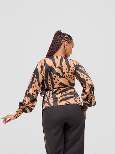 Vivo Merika Satin Wrap Top - Tan / Black Ridi Print - Shopzetu