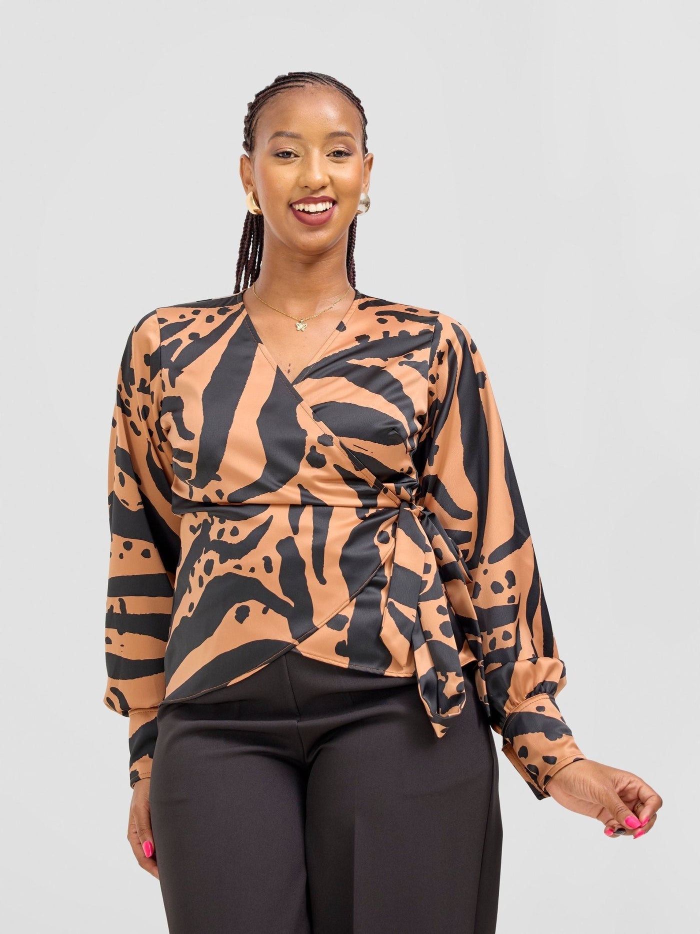 Vivo Merika Satin Wrap Top - Tan / Black Ridi Print - Shopzetu