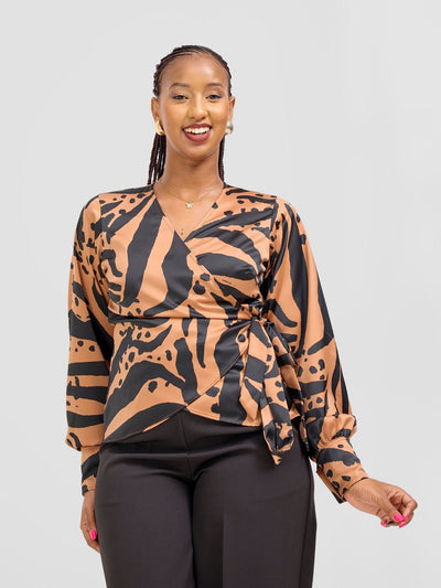 Vivo Merika Satin Wrap Top - Tan / Black Ridi Print - Shopzetu