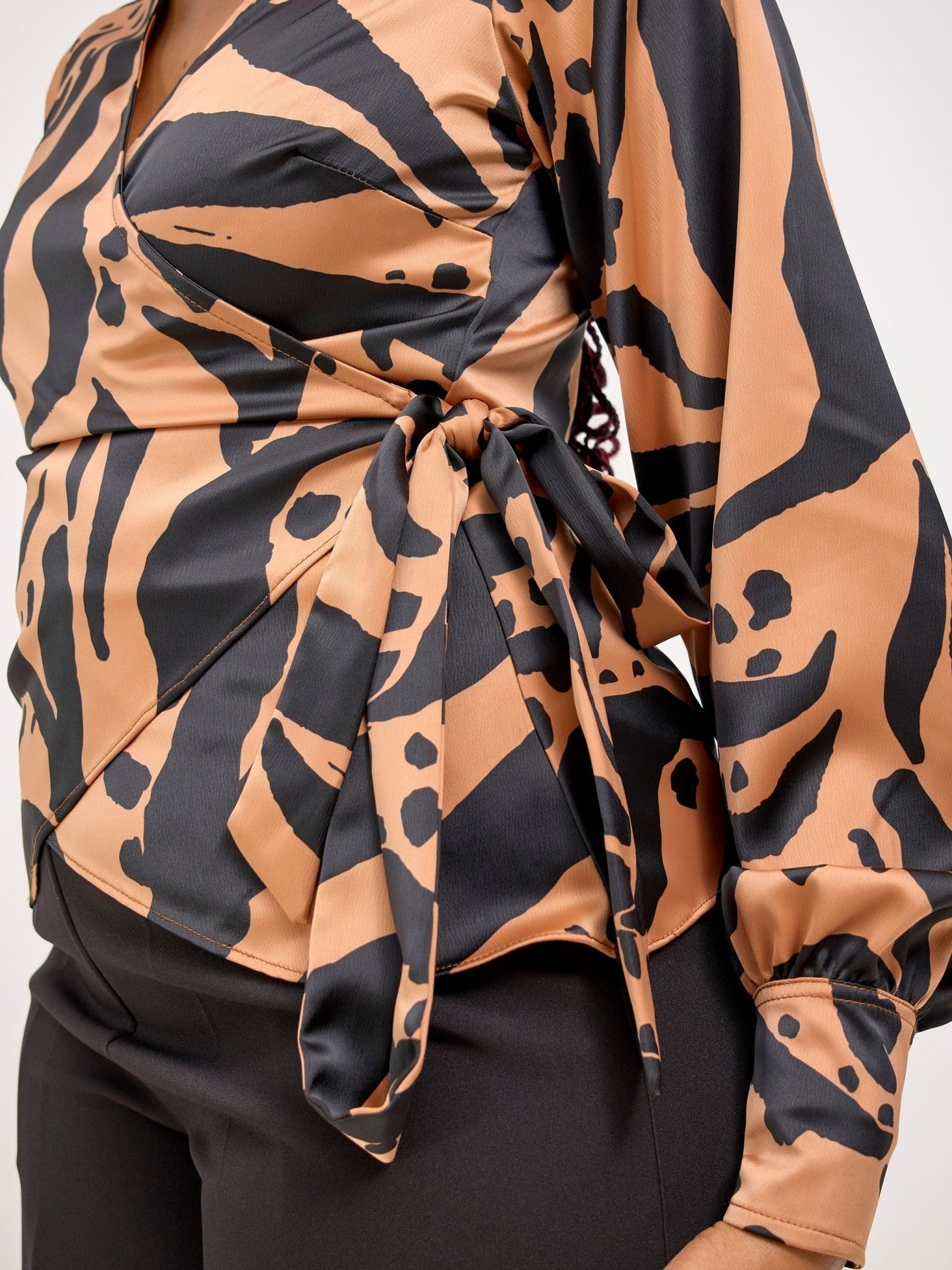 Vivo Merika Satin Wrap Top - Tan / Black Ridi Print - Shopzetu