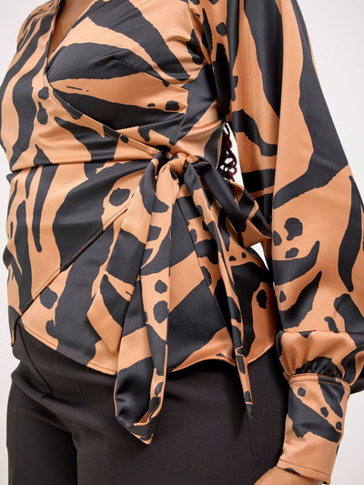 Vivo Merika Satin Wrap Top - Tan / Black Ridi Print - Shopzetu