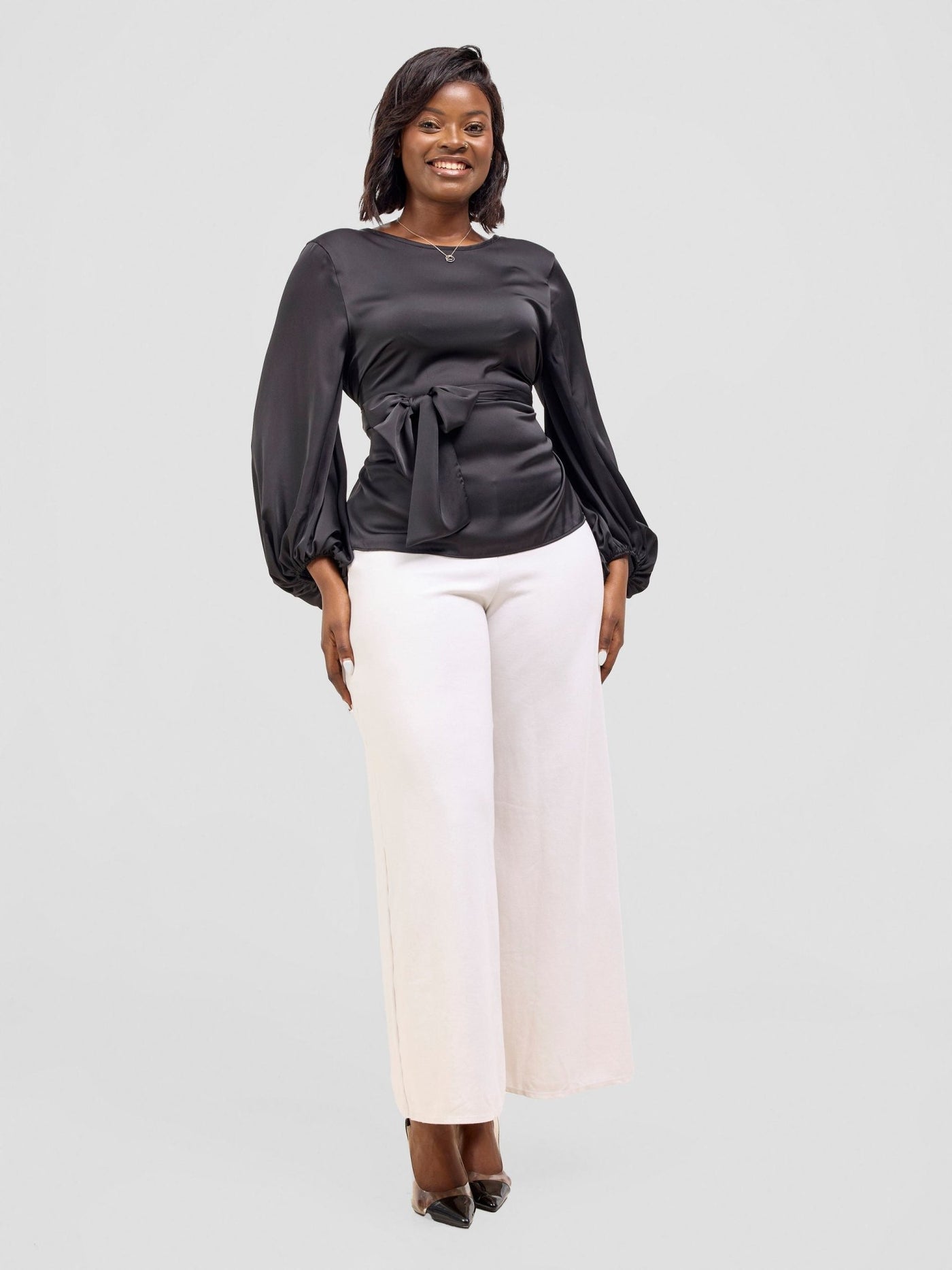 Vivo Basic Izzy Satin Bishop Sleeve Top - Black - Shopzetu