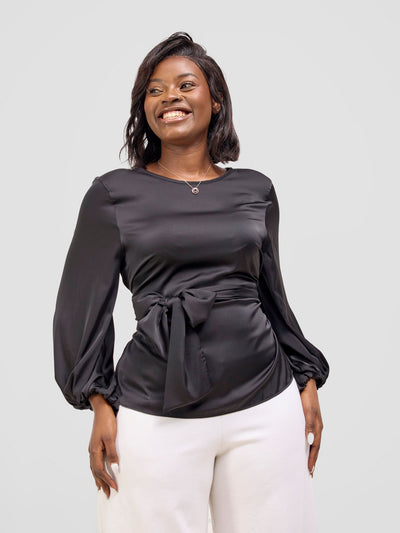 Vivo Basic Izzy Satin Bishop Sleeve Top - Black - Shopzetu