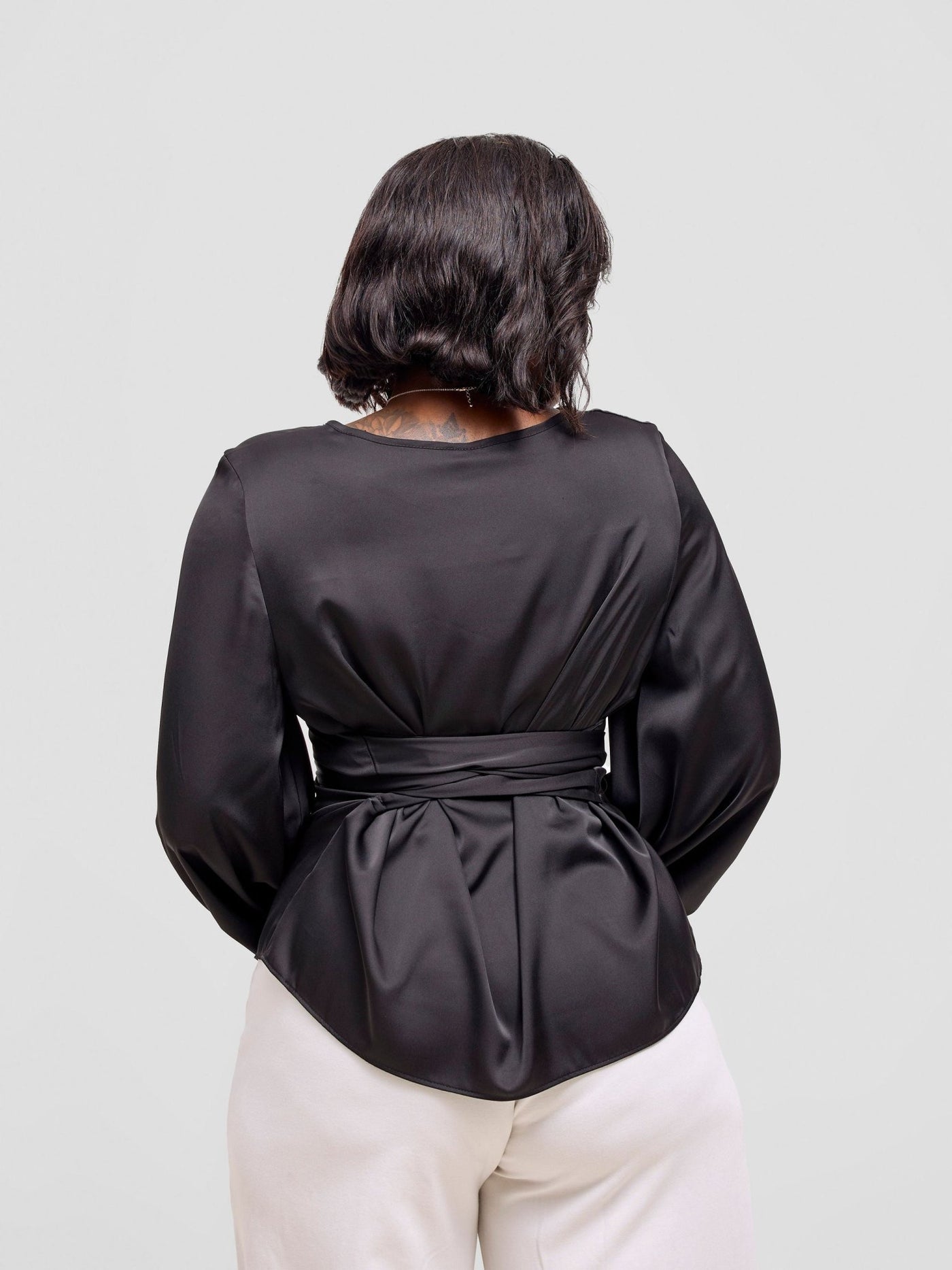Vivo Basic Izzy Satin Bishop Sleeve Top - Black - Shopzetu