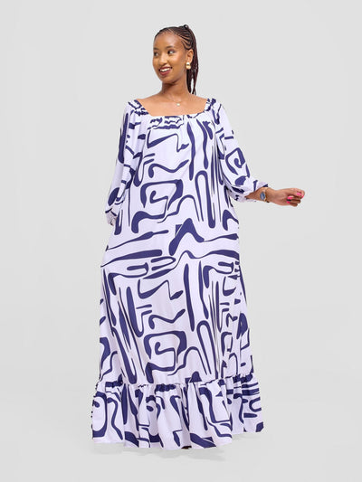 Vivo Serwa Square Neck Maxi Dress - White / Navy Sera Print - Shopzetu