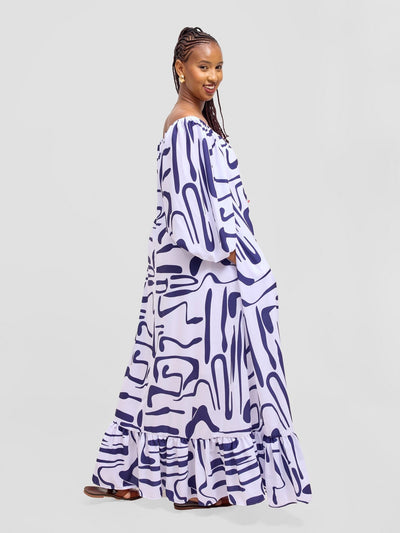 Vivo Serwa Square Neck Maxi Dress - White / Navy Sera Print - Shopzetu