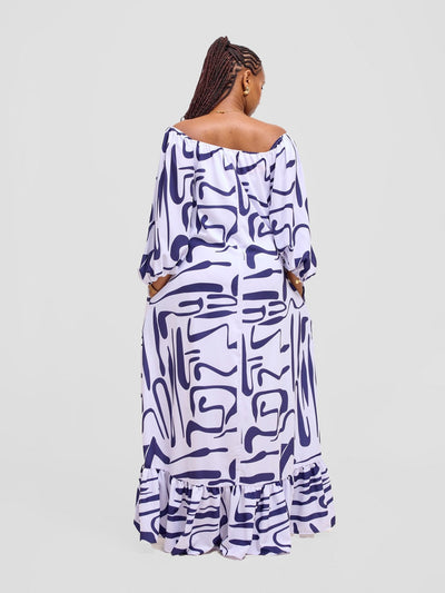 Vivo Serwa Square Neck Maxi Dress - White / Navy Sera Print - Shopzetu