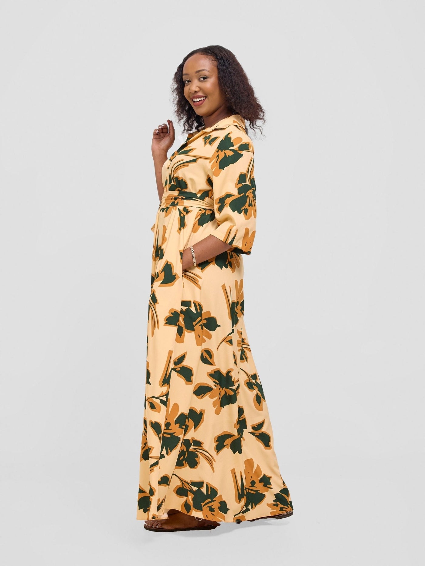 Vivo Yumi Maxi Shirt Dress - Cream / Hunters Lena Print - Shopzetu