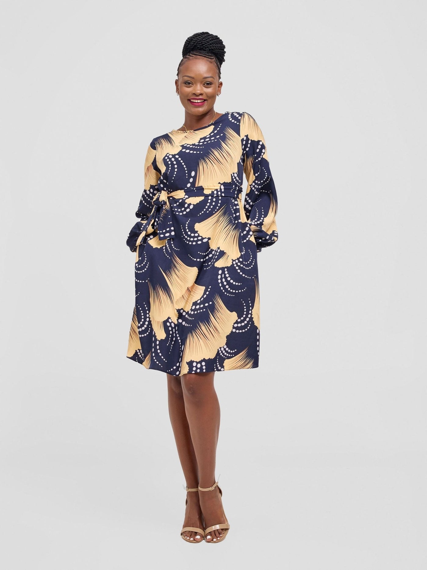 Vivo Basic Ayo Bishop Sleeve Dress - Cream / Navy Print - Shopzetu
