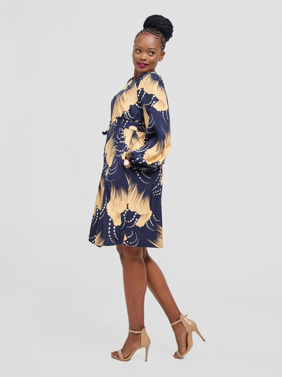 Vivo Basic Ayo Bishop Sleeve Dress - Cream / Navy Print - Shopzetu