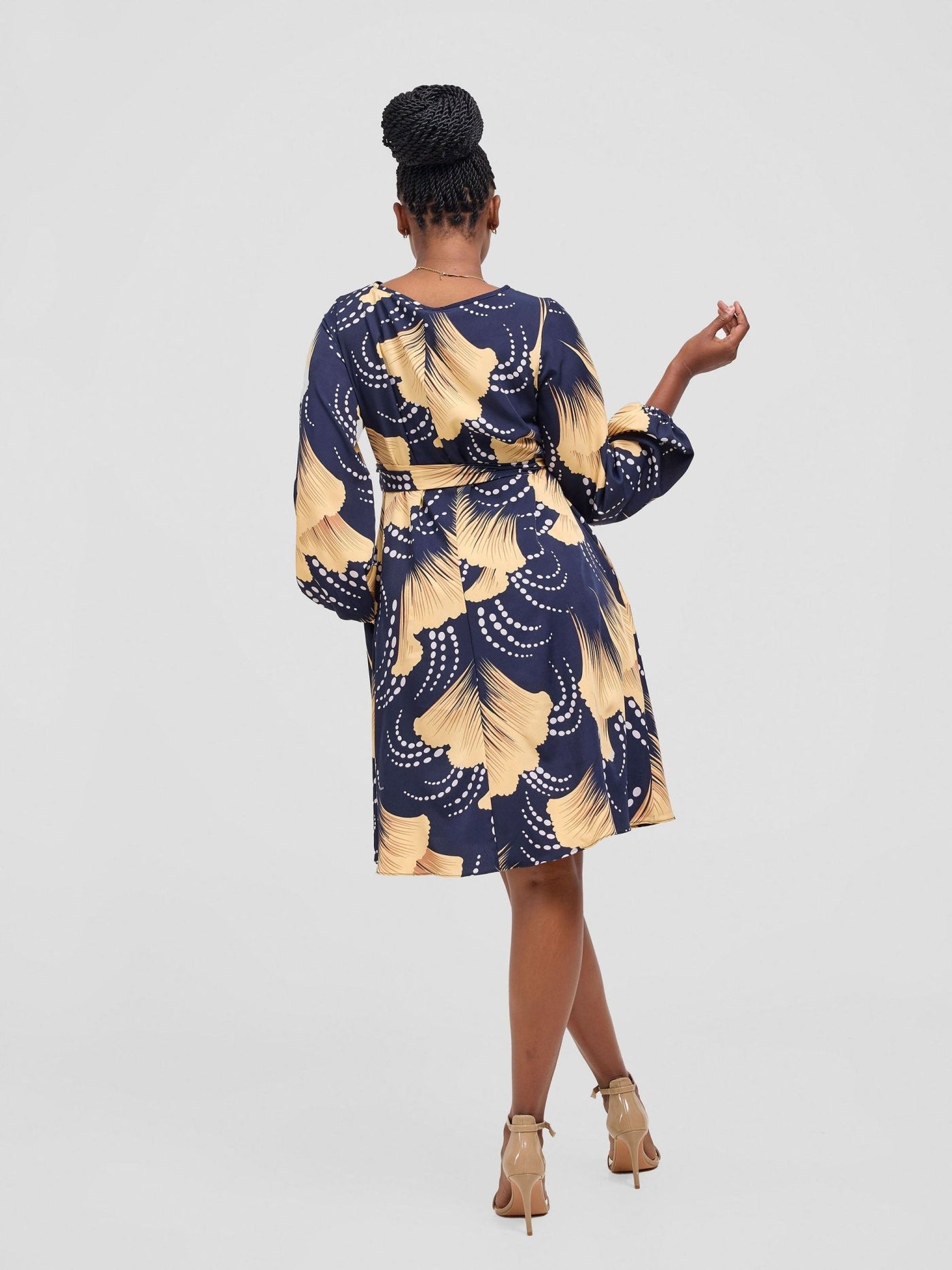 Vivo Basic Ayo Bishop Sleeve Dress - Cream / Navy Print - Shopzetu