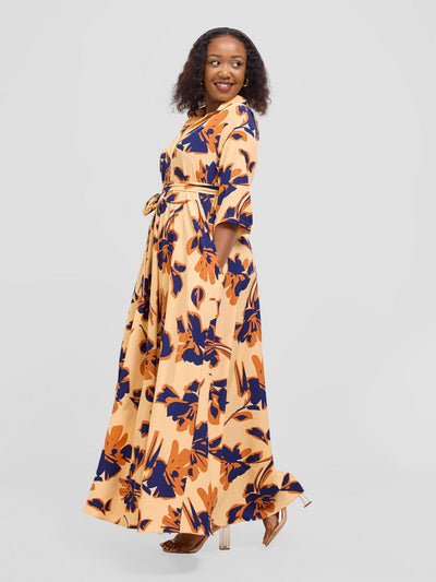 Vivo Yumi Maxi Shirt Dress - Cream / Navy Lena Print - Shopzetu