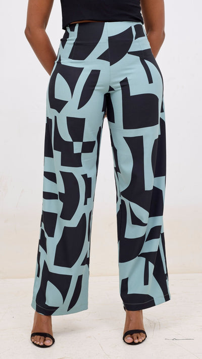Vivo Kani Wide Leg Pants - Mint / Black Dashen Print - Shopzetu