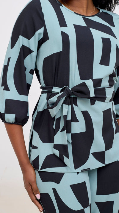 Vivo Kani Bishop Sleeve Top - Mint / Black Dashen Print - Shopzetu