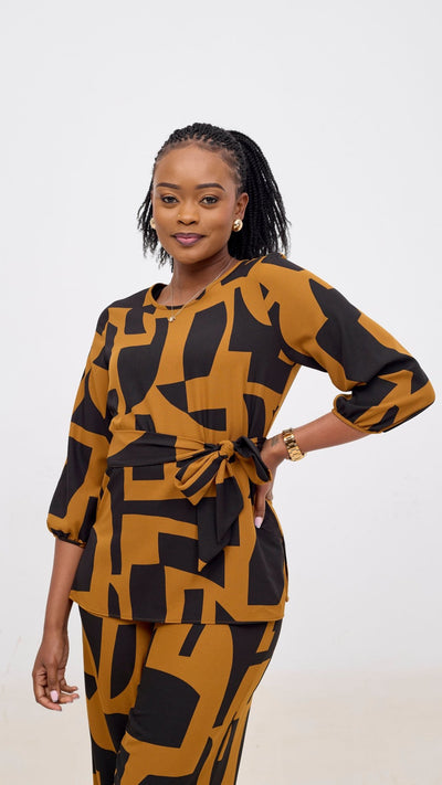 Vivo Kani Bishop Sleeve Top - Dark Mustard / Black Dashen Print - Shopzetu