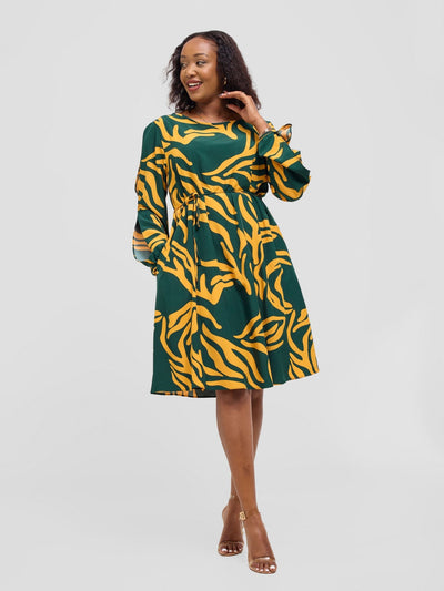 Vivo Tunu Long Slit Sleeve Knee Length Shift Dress - Mustard / Green Print - Shopzetu
