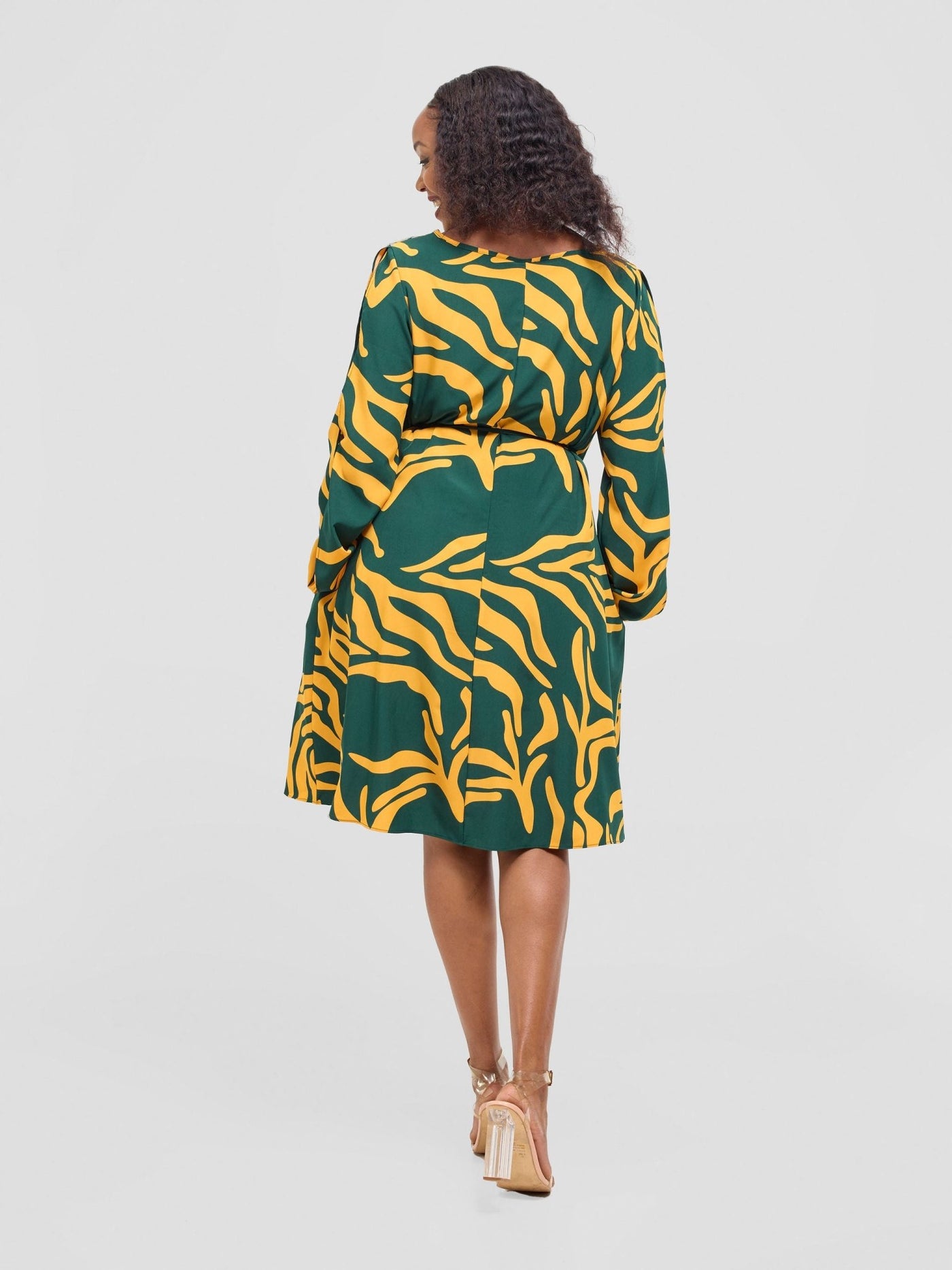 Vivo Tunu Long Slit Sleeve Knee Length Shift Dress - Mustard / Green Print - Shopzetu