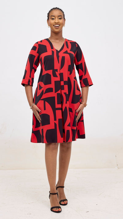 Vivo Kani 3/4 Sleeve Knee Length Dress - Red / Black Pink Dashen Print - Shopzetu