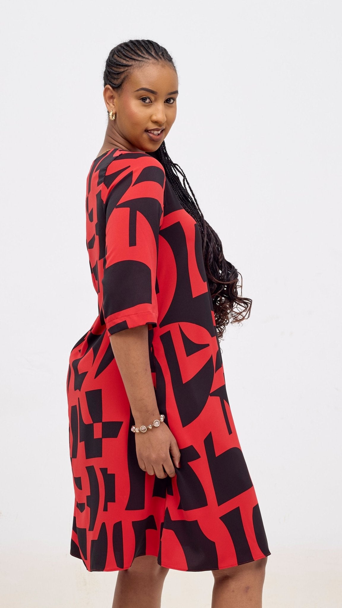 Vivo Kani 3/4 Sleeve Knee Length Dress - Red / Black Pink Dashen Print - Shopzetu