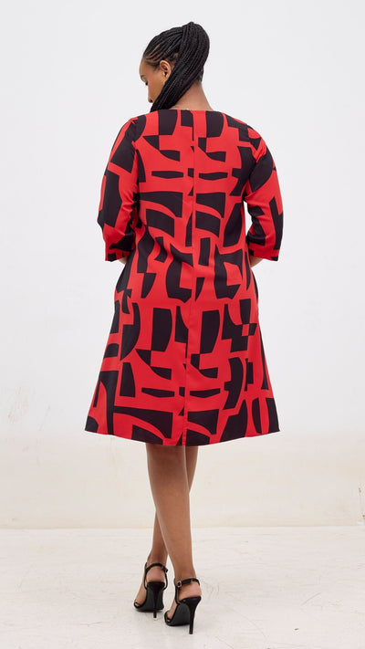 Vivo Kani 3/4 Sleeve Knee Length Dress - Red / Black Pink Dashen Print - Shopzetu