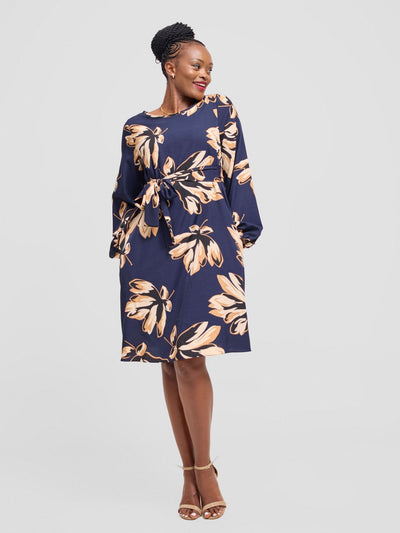 Vivo Basic Ayo Bishop Sleeve Dress - Black / Brown Print - Shopzetu