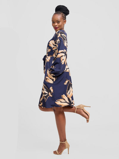 Vivo Basic Ayo Bishop Sleeve Dress - Black / Brown Print - Shopzetu