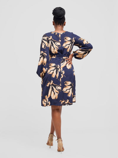 Vivo Basic Ayo Bishop Sleeve Dress - Black / Brown Print - Shopzetu