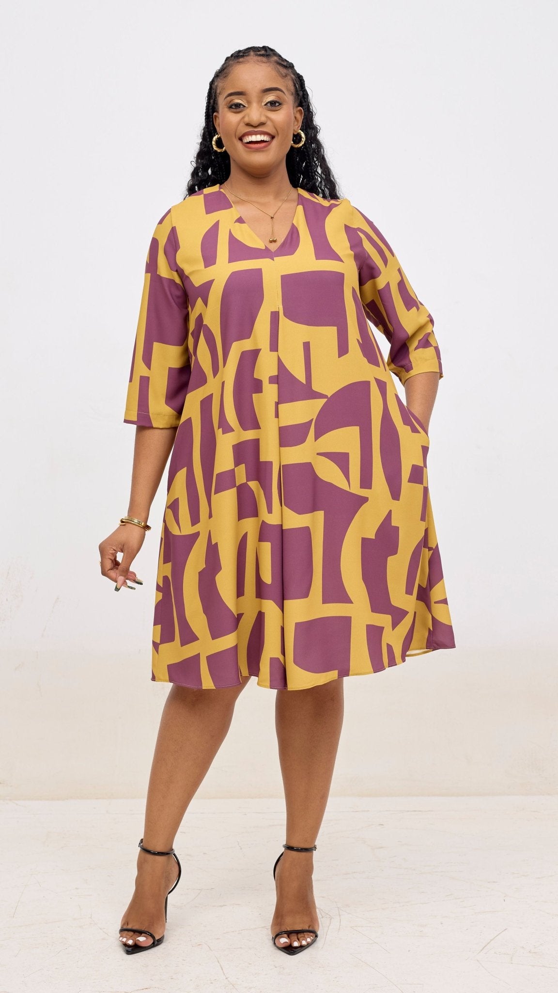 Vivo Kani 3/4 Sleeve Knee Length Dress - Mustard / Dusty Pink Dashen Print - Shopzetu