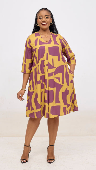 Vivo Kani 3/4 Sleeve Knee Length Dress - Mustard / Dusty Pink Dashen Print - Shopzetu