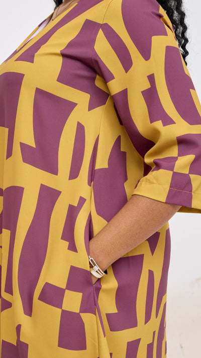 Vivo Kani 3/4 Sleeve Knee Length Dress - Mustard / Dusty Pink Dashen Print - Shopzetu