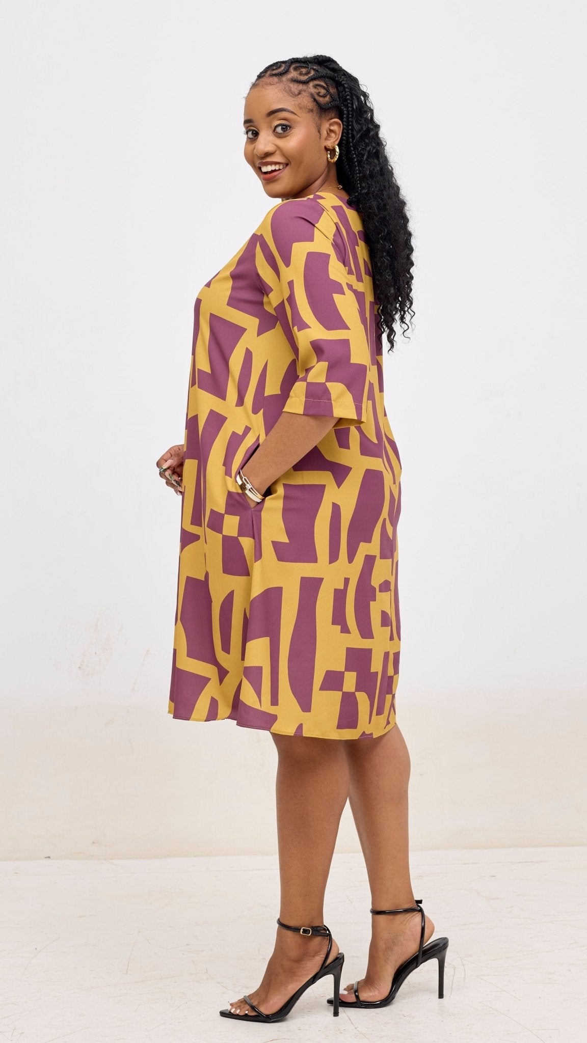 Vivo Kani 3/4 Sleeve Knee Length Dress - Mustard / Dusty Pink Dashen Print - Shopzetu