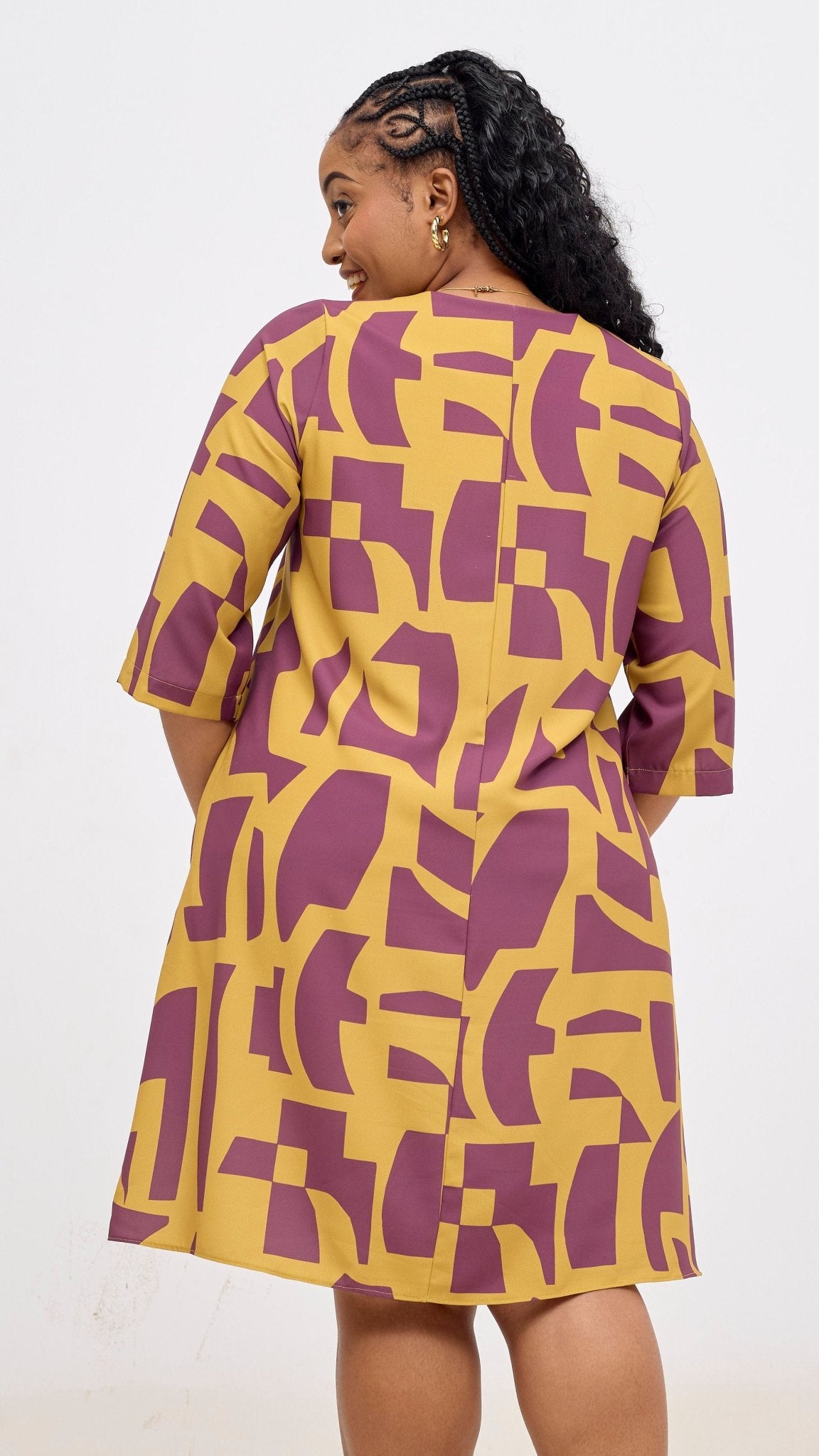 Vivo Kani 3/4 Sleeve Knee Length Dress - Mustard / Dusty Pink Dashen Print - Shopzetu