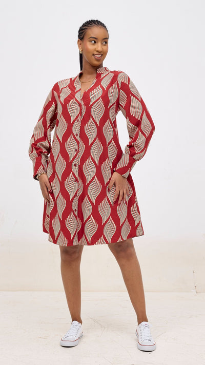 Vivo Kani Tent Shirt Dress - Burgundy / Black Print - Shopzetu