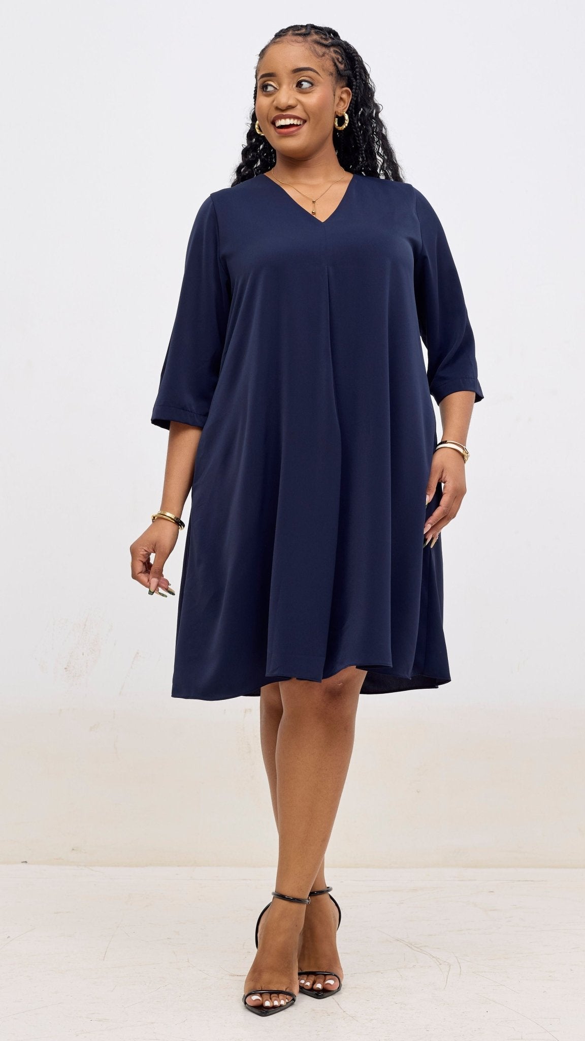 Vivo Kani 3/4 Sleeve Knee Length Dress - Navy - Shopzetu