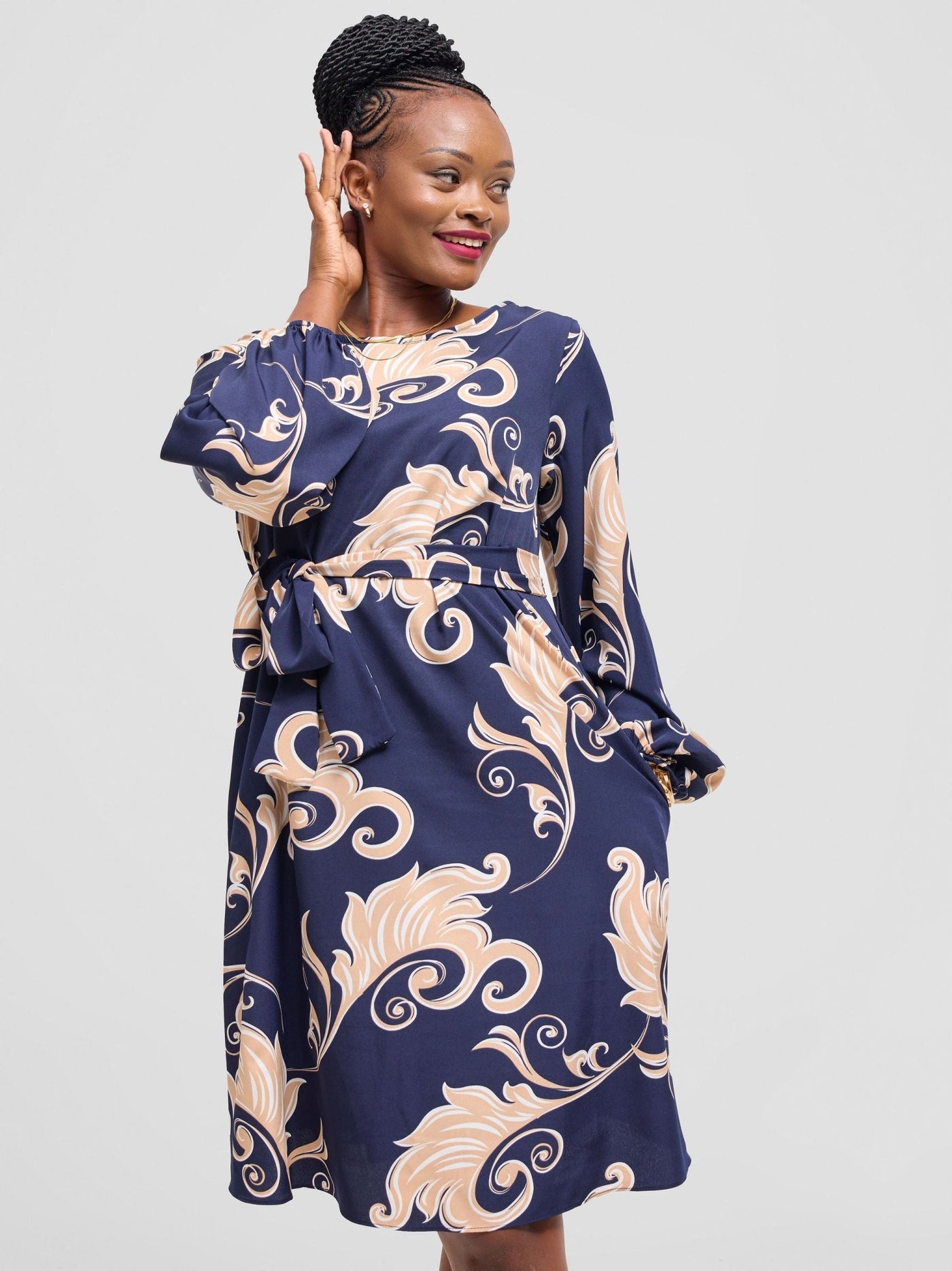 Vivo Basic Ayo Bishop Sleeve Dress - Navy / Brown Print - Shopzetu