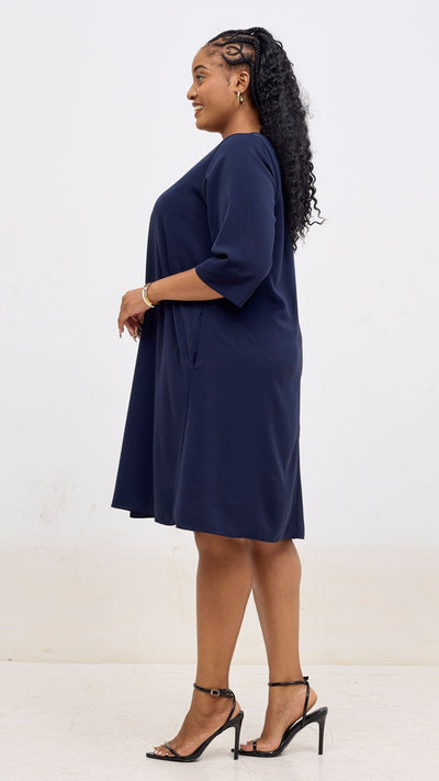 Vivo Kani 3/4 Sleeve Knee Length Dress - Navy - Shopzetu