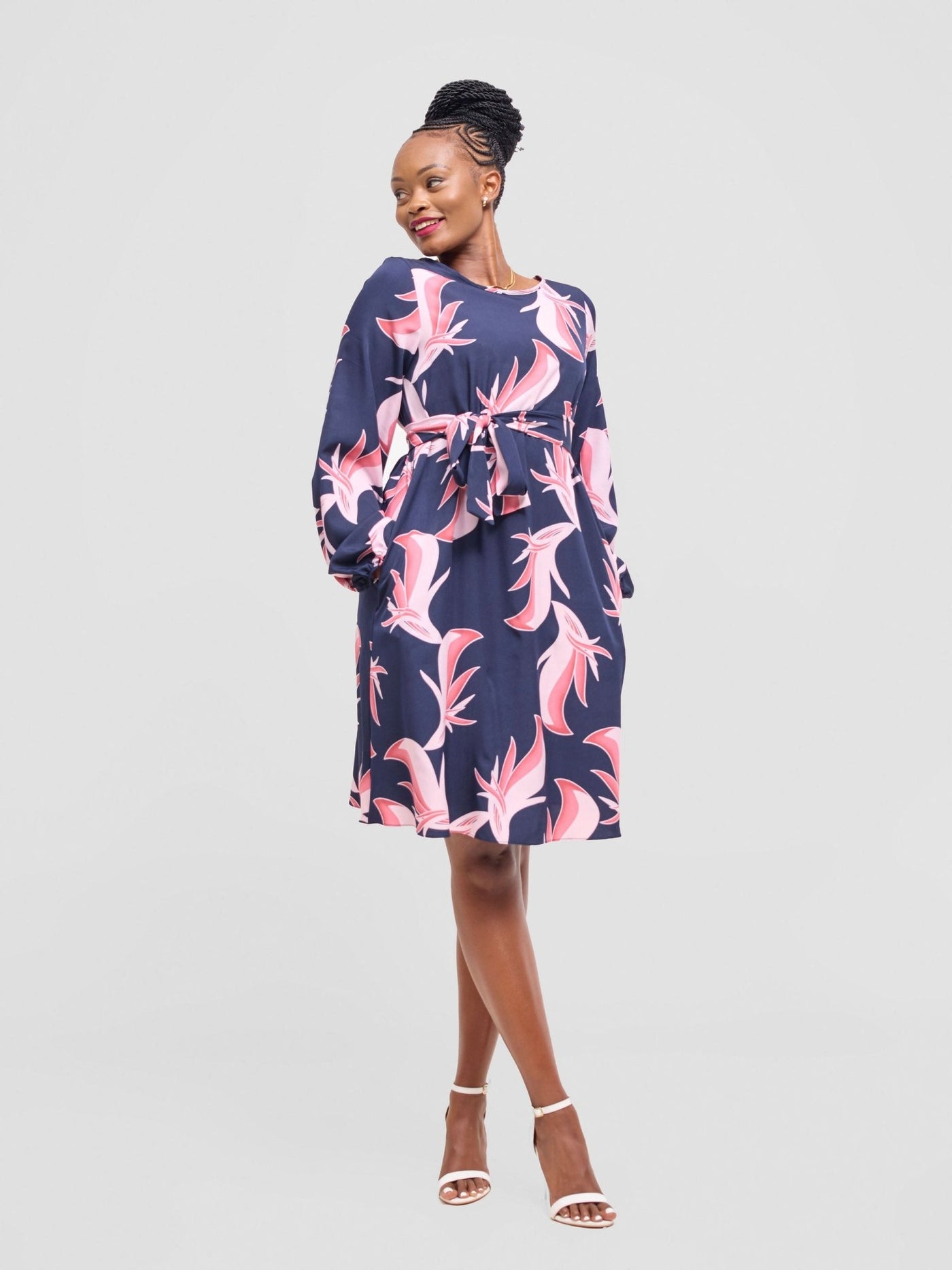 Vivo Basic Ayo Bishop Sleeve Dress - Navy / Pink Print - Shopzetu