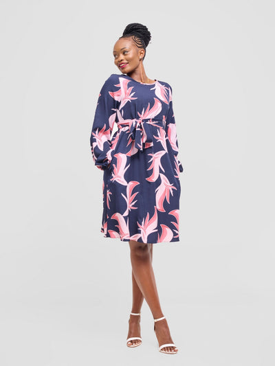 Vivo Basic Ayo Bishop Sleeve Dress - Navy / Pink Print - Shopzetu