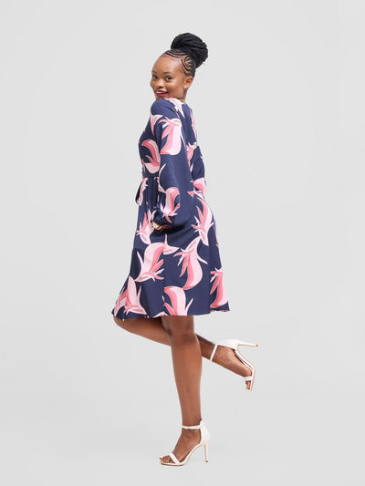 Vivo Basic Ayo Bishop Sleeve Dress - Navy / Pink Print - Shopzetu