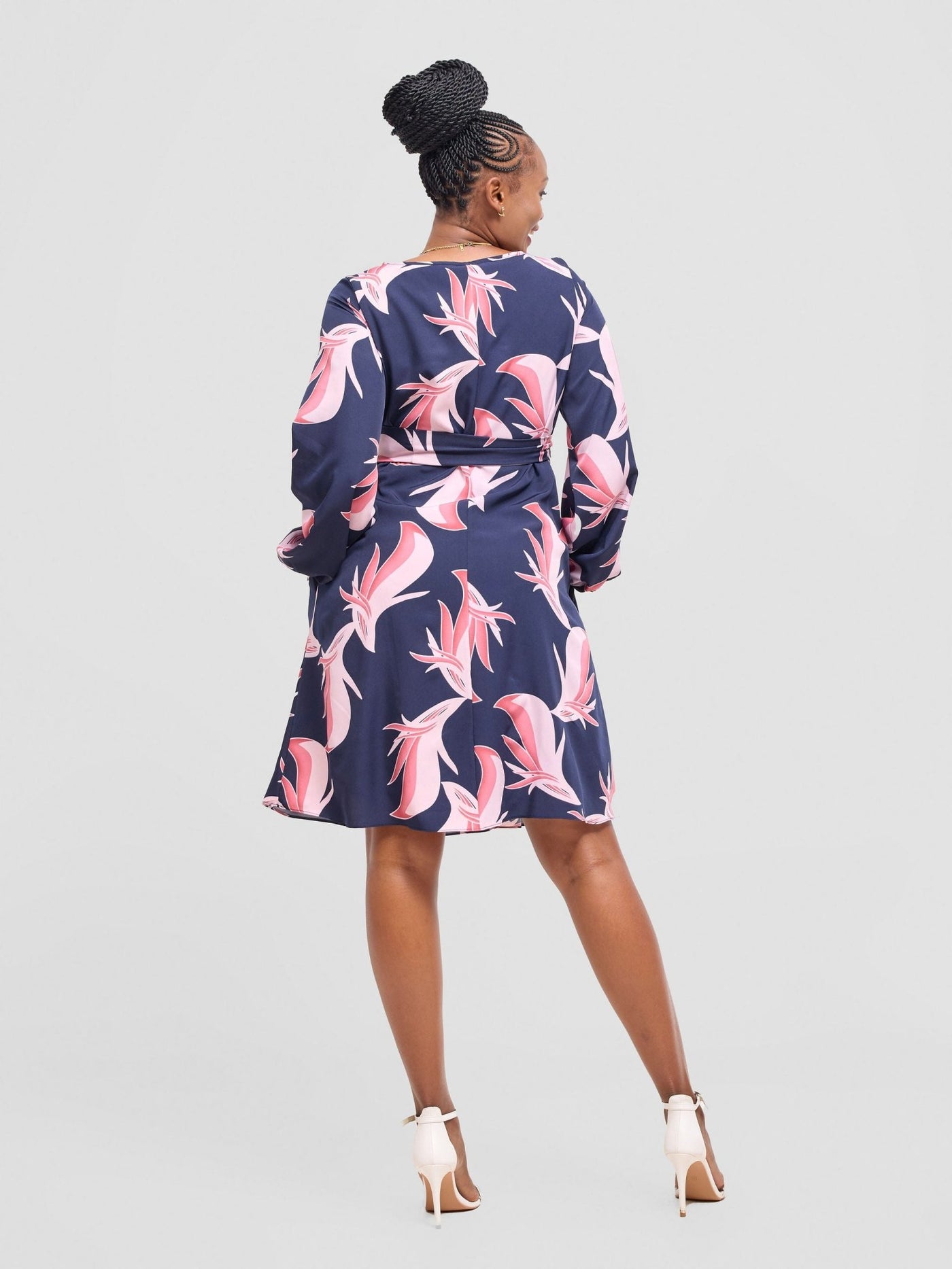 Vivo Basic Ayo Bishop Sleeve Dress - Navy / Pink Print - Shopzetu