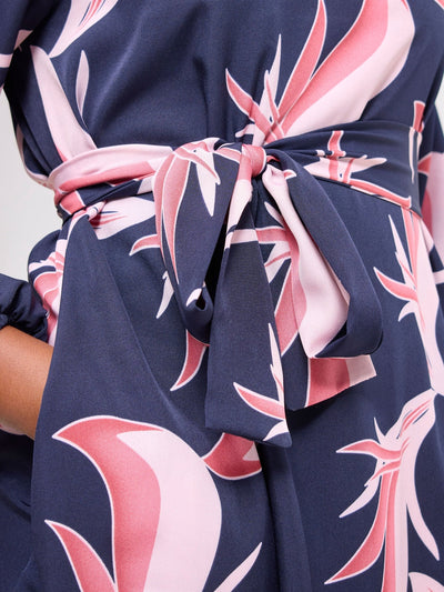 Vivo Basic Ayo Bishop Sleeve Dress - Navy / Pink Print - Shopzetu