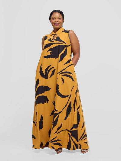 Vivo Asha Sleeveless Maxi Dress - Mustard / Black Robe Print - Shopzetu