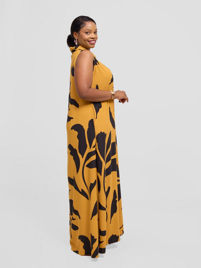 Vivo Asha Sleeveless Maxi Dress - Mustard / Black Robe Print - Shopzetu