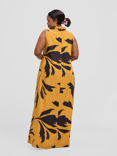 Vivo Asha Sleeveless Maxi Dress - Mustard / Black Robe Print - Shopzetu